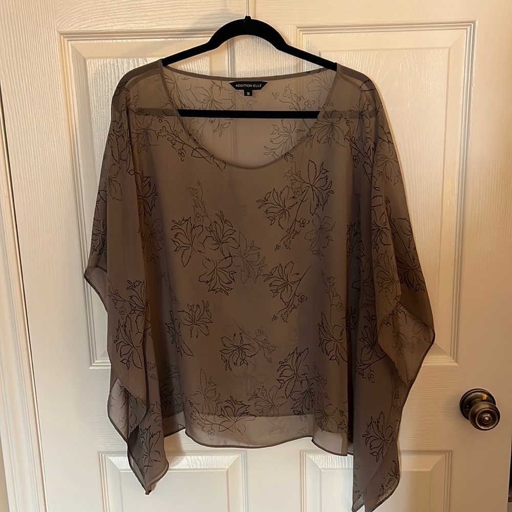 Flowy sheer taupe Addition Elle blouse with black floral pattern